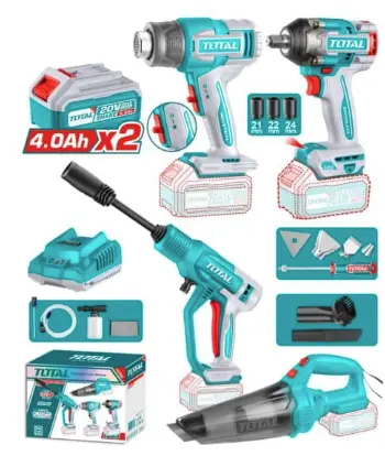 SET LLAVE IMPACTO+PISTOLA CALOR+HIDROLAVADORA+ASPIRADORA 20V +ACC TOTAL (TOSLI250208-7)