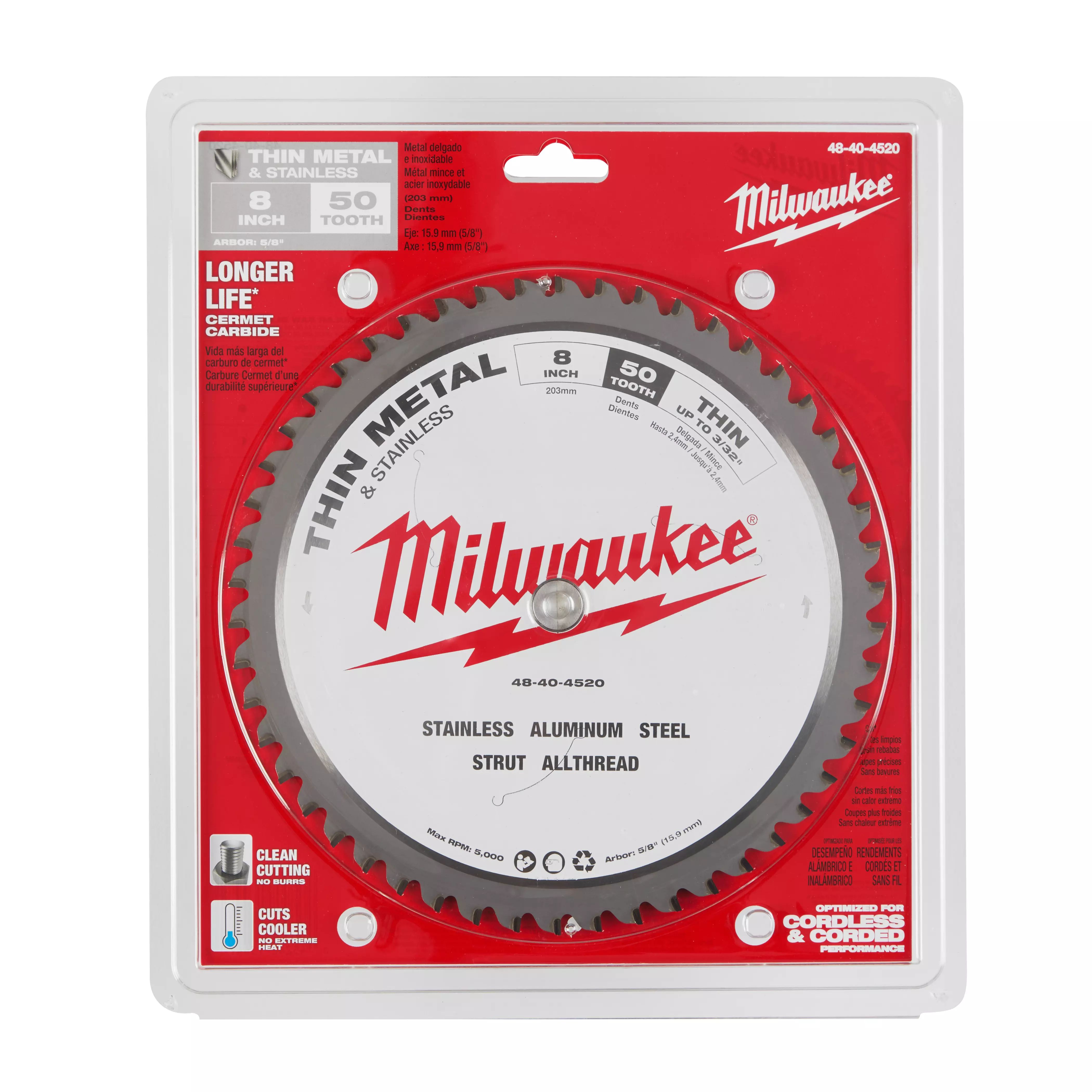 HOJA DE SIERRA CIRCULAR FINA PARA CORTE DE METAL DE 8 &quot; MILWAUKEE (48-40-4520)