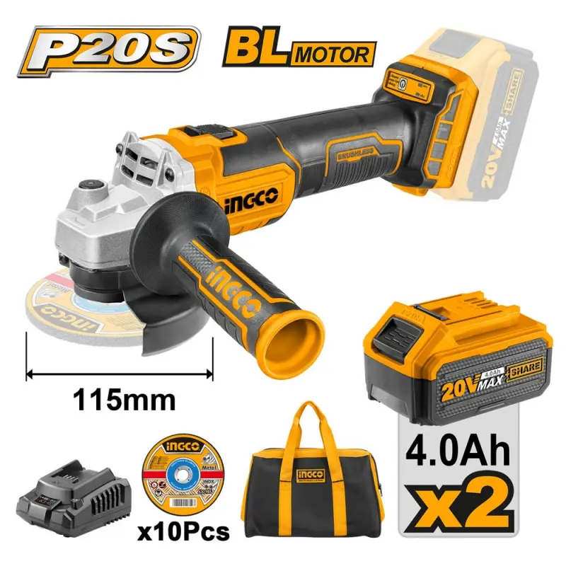 ESMERIL ANGULAR 20V 4.1/2" 2 BAT 4,0 Ah INGCO 