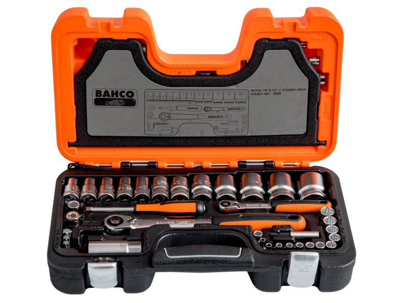 JUEGO DE DADOS DE 1/2 POLIGONAL 1/4 Y 1/2 56 PZA BAHCO (S560)