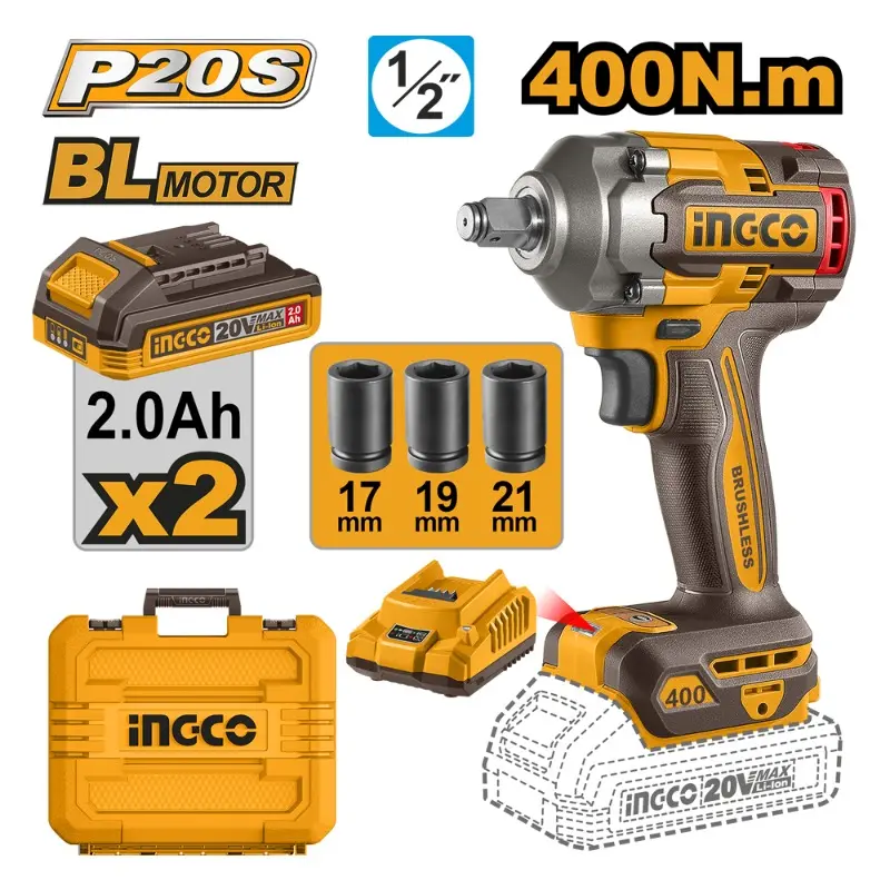 LLAVE IMPACTO 400 Nm 1/2 20V 2 BAT 2,0Ah INGCO (CIWLI2040)