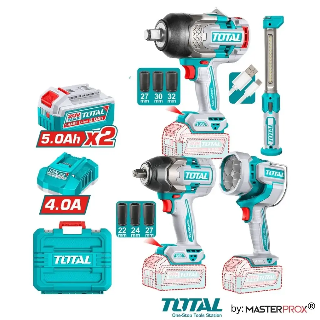SET LLAVE DE IMPACTO 3/4 1350Nm + LINTERNA+FOCO 2 BAT 4,0Ah TOTAL (TOSLI250782)