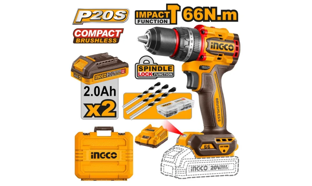 TALADRO ATORNILLADOR IMPACTO 20V 2 BAT 2,0Ah INGCO (CIDLI20668)