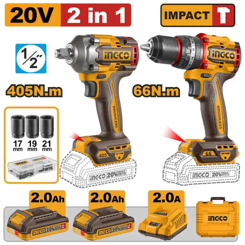 TALADRO IMPACTO 20V+ LLAVE IMPACTO INGCO 20V (CKLI20286) 